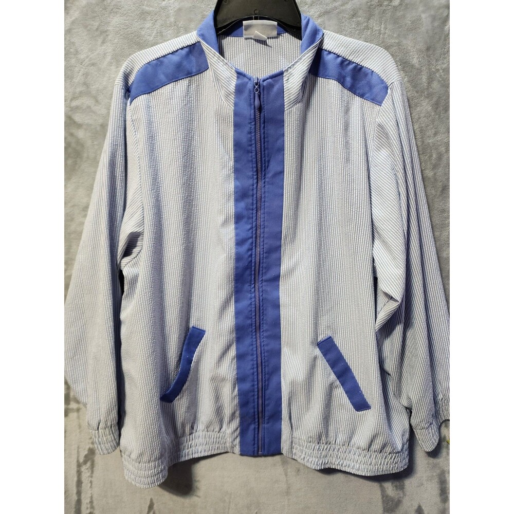 Alfred Dunner Seersucker Windbreaker Jacket Womens 16 Blue/White Stripe Full Zip